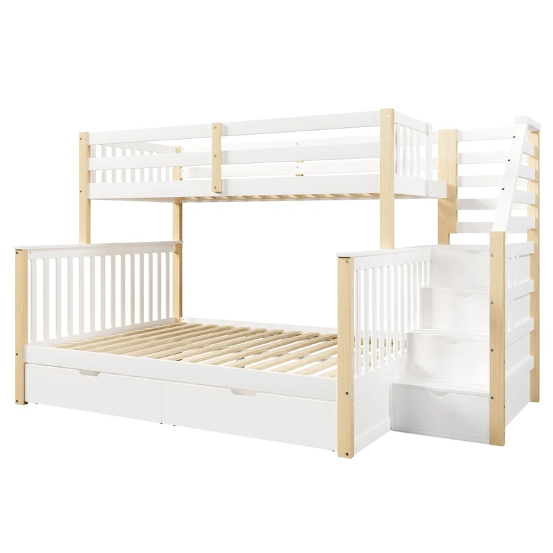 Letto a castello 90x200 sopra 140x200 sotto con cassetti; pino; bianco e naturale