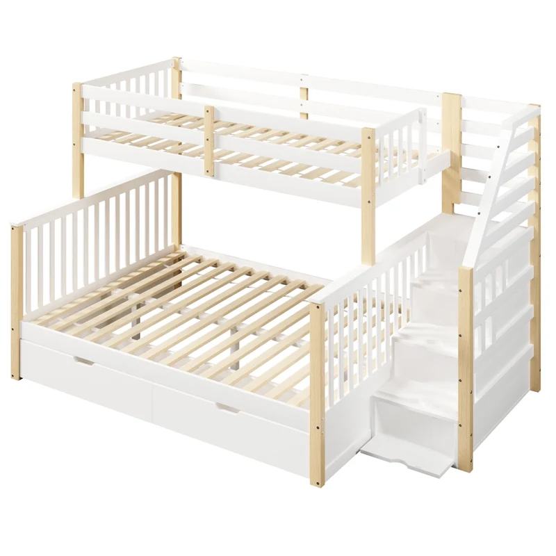 Letto a castello 90x200 sopra 140x200 sotto con cassetti; pino; bianco e naturale