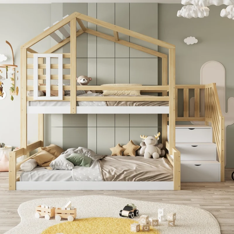 Letto a castello per bambini 90x200 e 140x200 cm; casetta con finestra; scala contenitore; pino e MDF; naturale