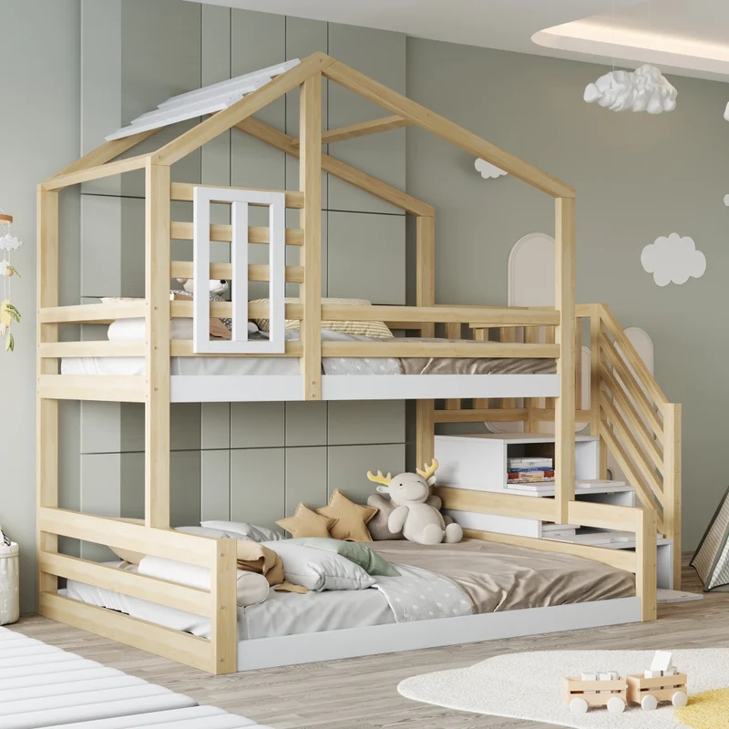 Letto a castello per bambini 90x200 e 140x200 cm; casetta con finestra; scala contenitore; pino e MDF; naturale