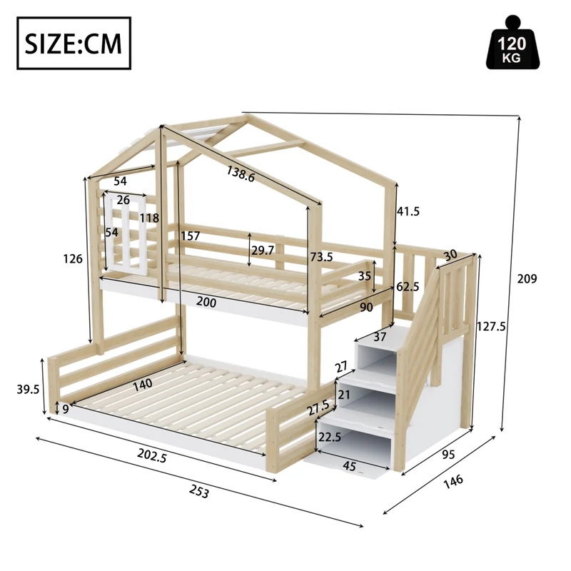 Letto a castello per bambini 90x200 e 140x200 cm; casetta con finestra; scala contenitore; pino e MDF; naturale