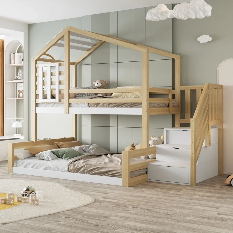 Letto a castello per bambini 90x200 e 140x200 cm; casetta con finestra; scala contenitore; pino e MDF; naturale