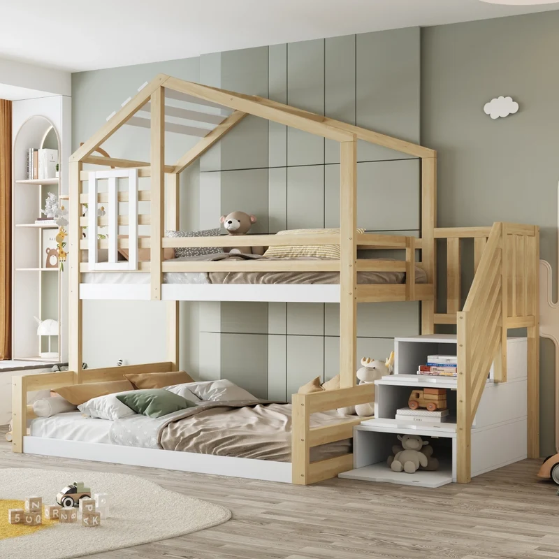 Letto a castello per bambini 90x200 e 140x200 cm; casetta con finestra; scala contenitore; pino e MDF; naturale