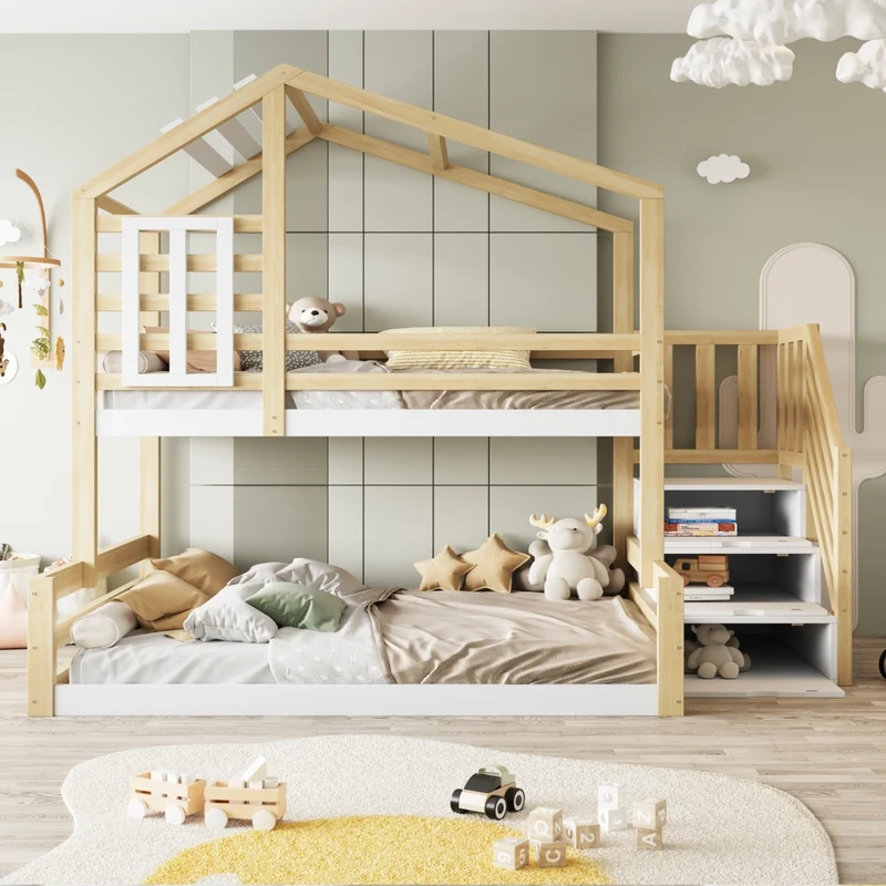 Letto a castello per bambini 90x200 e 140x200 cm; casetta con finestra; scala contenitore; pino e MDF; naturale
