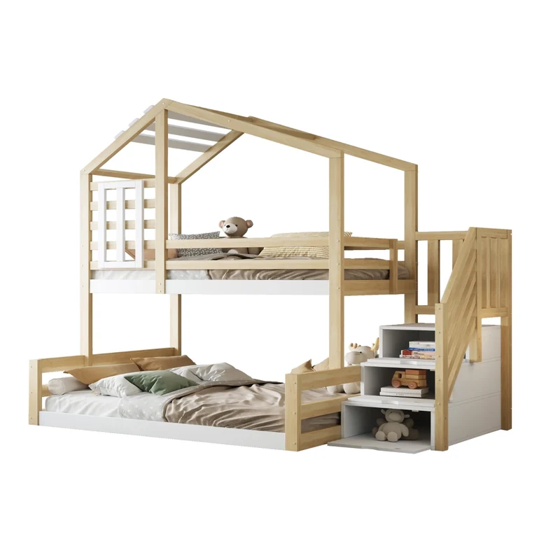 Letto a castello per bambini 90x200 e 140x200 cm; casetta con finestra; scala contenitore; pino e MDF; naturale