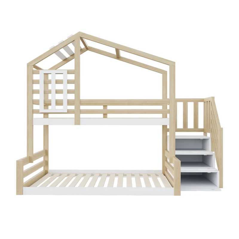 Letto a castello per bambini 90x200 e 140x200 cm; casetta con finestra; scala contenitore; pino e MDF; naturale