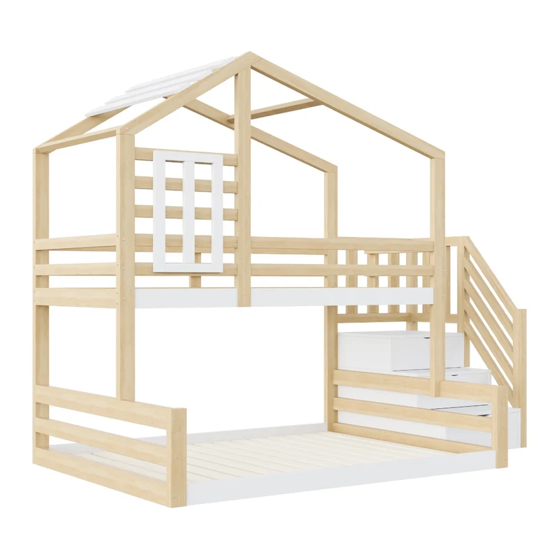 Letto a castello per bambini 90x200 e 140x200 cm; casetta con finestra; scala contenitore; pino e MDF; naturale