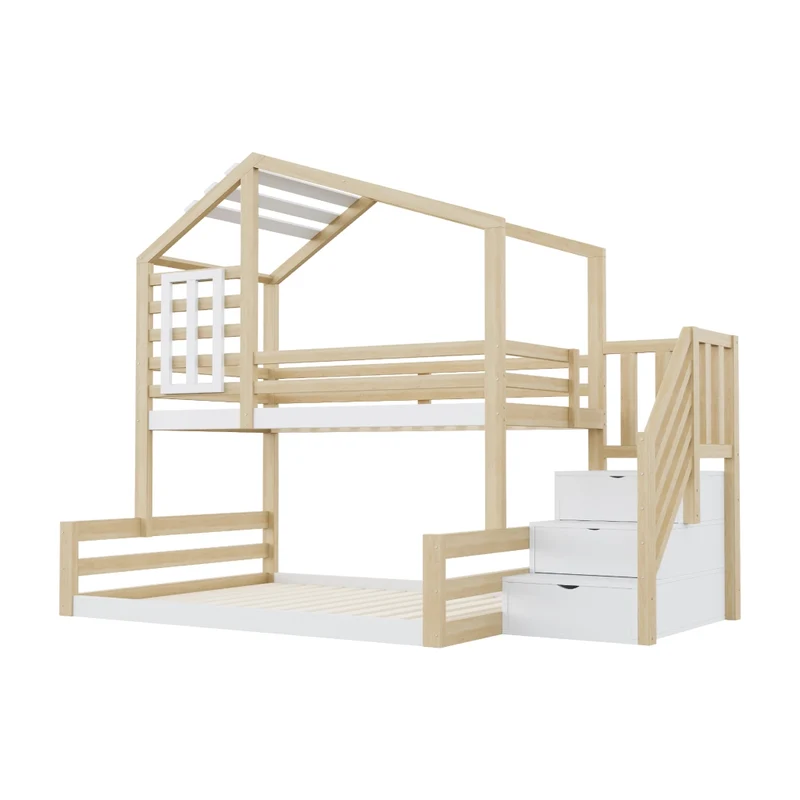 Letto a castello per bambini 90x200 e 140x200 cm; casetta con finestra; scala contenitore; pino e MDF; naturale