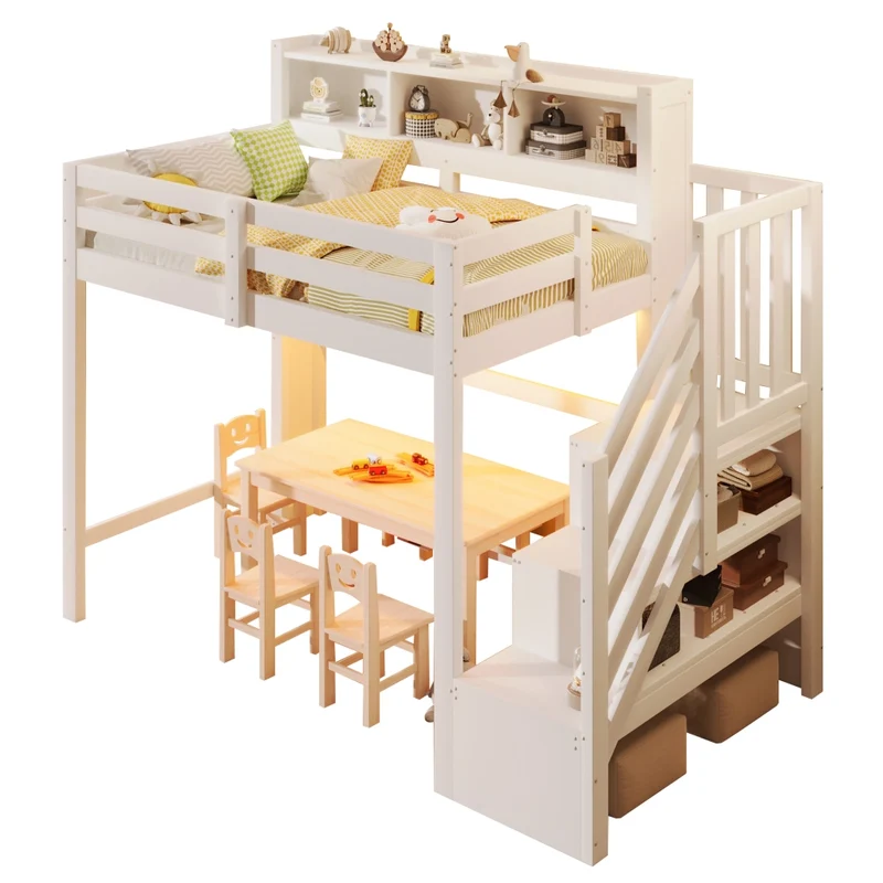 Letto a soppalco 90x200 cm bianco in legno di pino con luci LED e scala contenitore