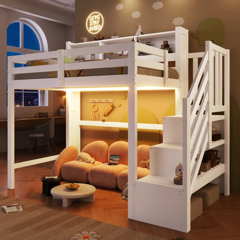 Letto a soppalco 90x200 cm bianco in legno di pino con luci LED e scala contenitore