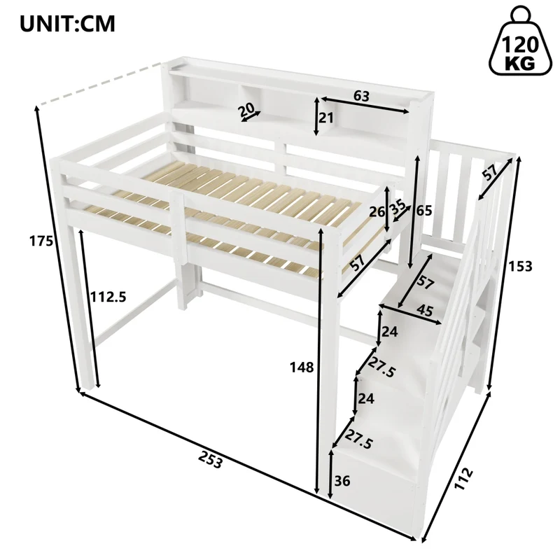 Letto a soppalco 90x200 cm bianco in legno di pino con luci LED e scala contenitore