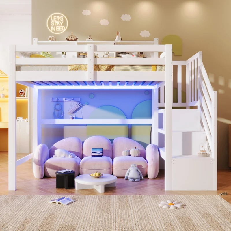 Letto a soppalco 90x200 cm bianco in legno di pino con luci LED e scala contenitore