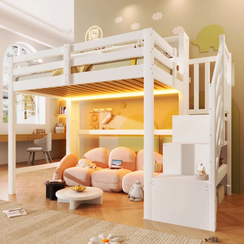 Letto a soppalco 90x200 cm bianco in legno di pino con luci LED e scala contenitore
