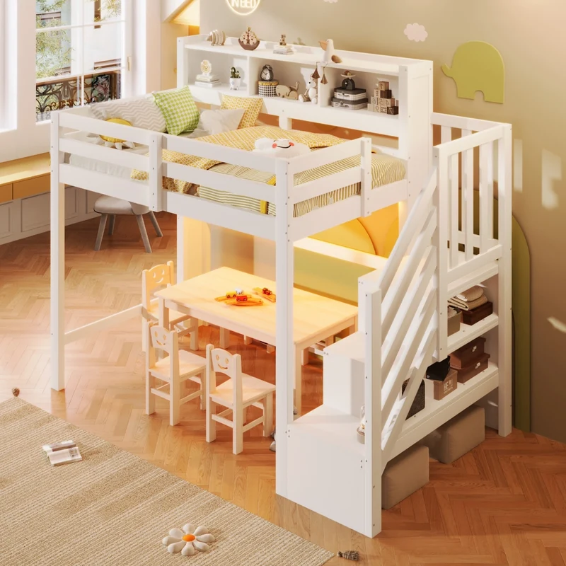 Letto a soppalco 90x200 cm bianco in legno di pino con luci LED e scala contenitore