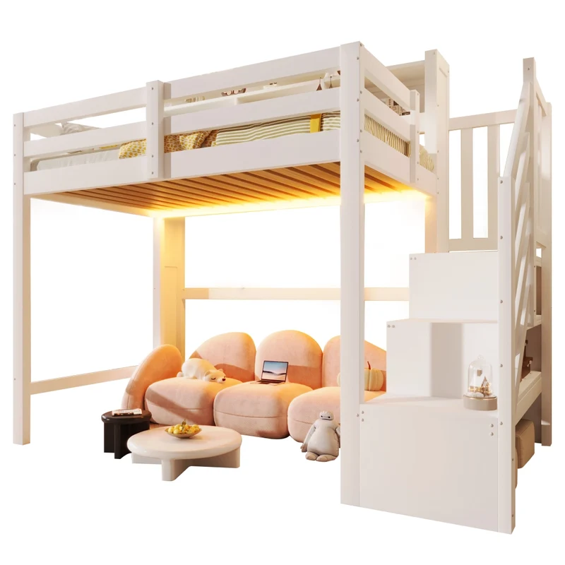Letto a soppalco 90x200 cm bianco in legno di pino con luci LED e scala contenitore