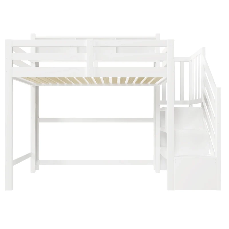 Letto a soppalco 90x200 cm bianco in legno di pino con luci LED e scala contenitore