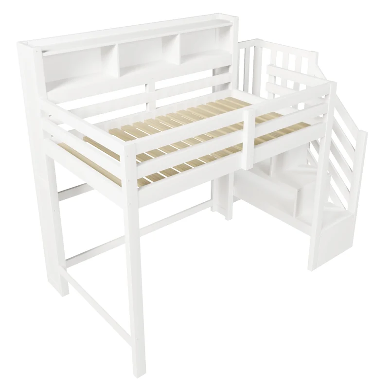 Letto a soppalco 90x200 cm bianco in legno di pino con luci LED e scala contenitore