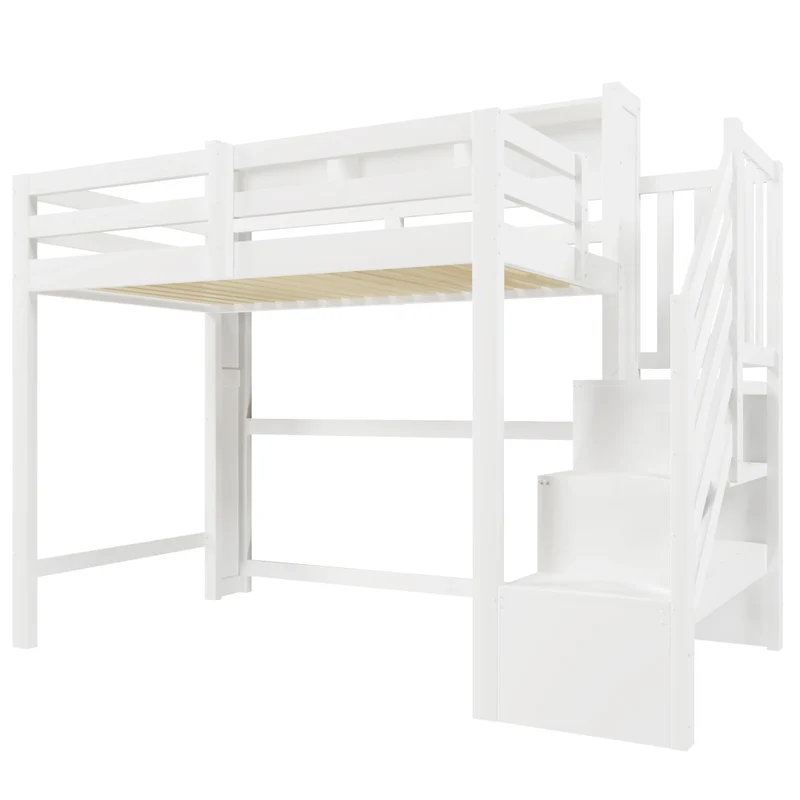 Letto a soppalco 90x200 cm bianco in legno di pino con luci LED e scala contenitore