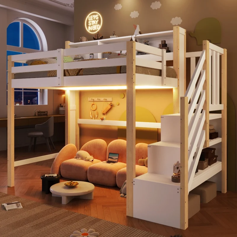 Letto a soppalco 90x200 cm con spazio sotto; scala contenitore e luci LED; bianco e legno naturale