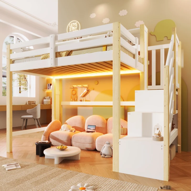 Letto a soppalco 90x200 cm con spazio sotto; scala contenitore e luci LED; bianco e legno naturale