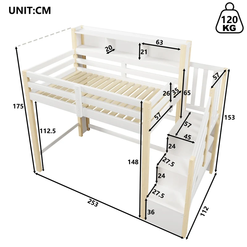Letto a soppalco 90x200 cm con spazio sotto; scala contenitore e luci LED; bianco e legno naturale