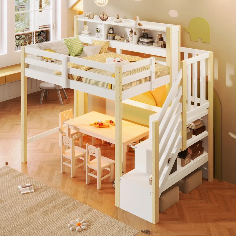 Letto a soppalco 90x200 cm con spazio sotto; scala contenitore e luci LED; bianco e legno naturale