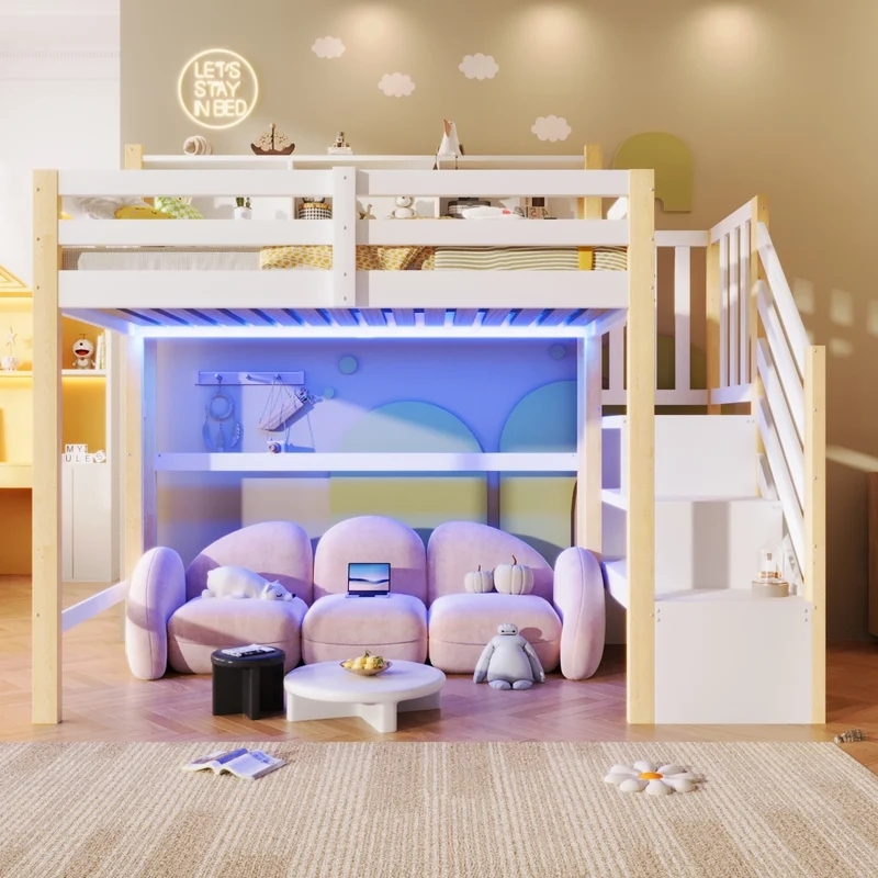 Letto a soppalco 90x200 cm con spazio sotto; scala contenitore e luci LED; bianco e legno naturale