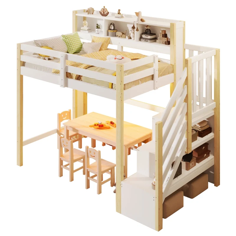 Letto a soppalco 90x200 cm con spazio sotto; scala contenitore e luci LED; bianco e legno naturale