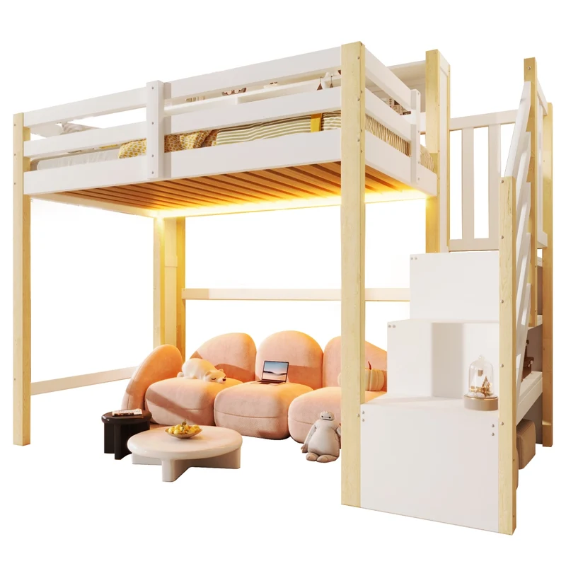 Letto a soppalco 90x200 cm con spazio sotto; scala contenitore e luci LED; bianco e legno naturale