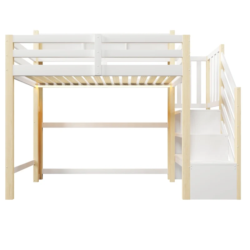 Letto a soppalco 90x200 cm con spazio sotto; scala contenitore e luci LED; bianco e legno naturale
