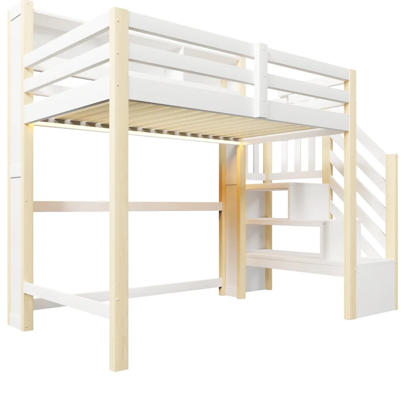 Letto a soppalco 90x200 cm con spazio sotto; scala contenitore e luci LED; bianco e legno naturale