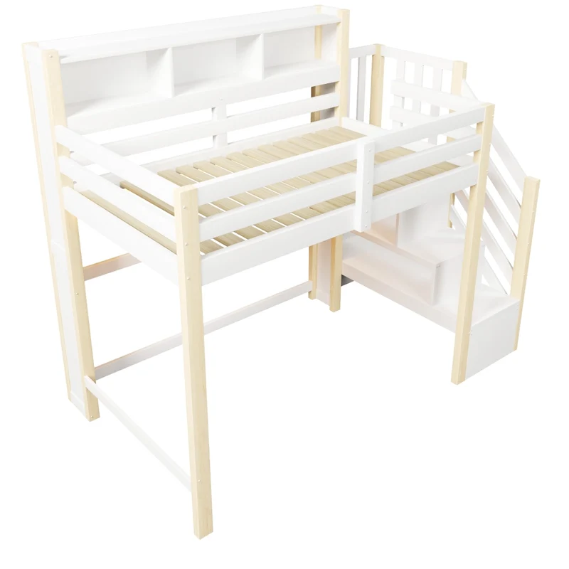 Letto a soppalco 90x200 cm con spazio sotto; scala contenitore e luci LED; bianco e legno naturale