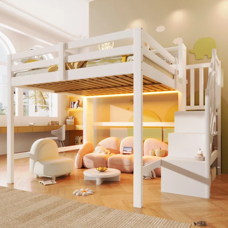 Letto a soppalco 140x200 cm con luci LED; scala contenitore e barriera; struttura in pino; MDF e compensato; bianco