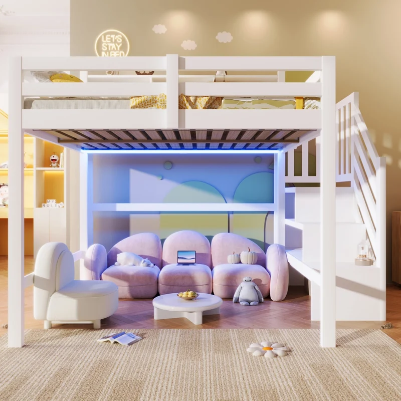 Letto a soppalco 140x200 cm con luci LED; scala contenitore e barriera; struttura in pino; MDF e compensato; bianco