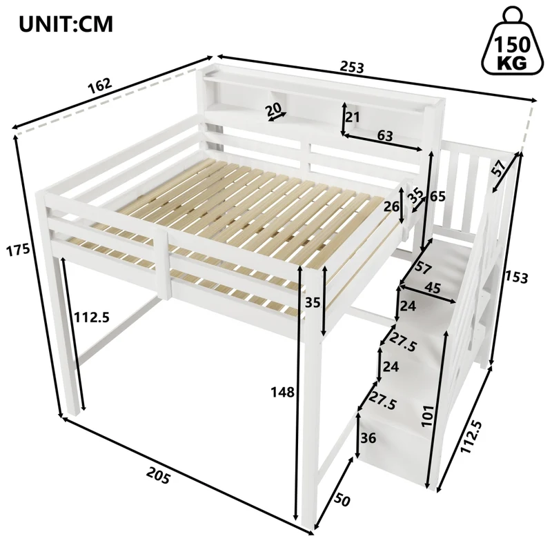 Letto a soppalco 140x200 cm con luci LED; scala contenitore e barriera; struttura in pino; MDF e compensato; bianco