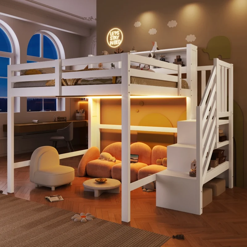 Letto a soppalco 140x200 cm con luci LED; scala contenitore e barriera; struttura in pino; MDF e compensato; bianco