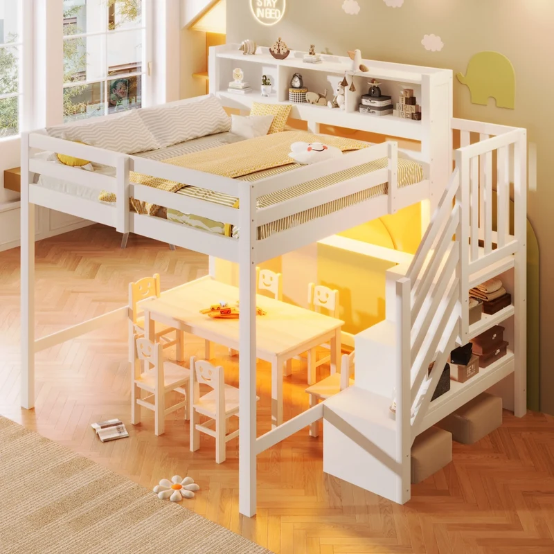 Letto a soppalco 140x200 cm con luci LED; scala contenitore e barriera; struttura in pino; MDF e compensato; bianco