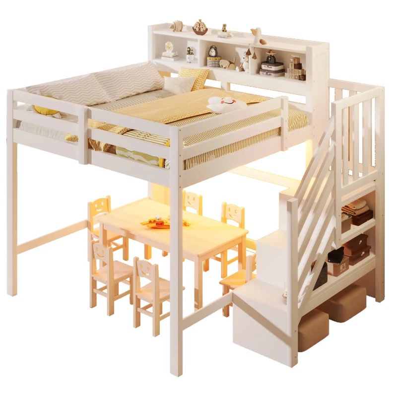 Letto a soppalco 140x200 cm con luci LED; scala contenitore e barriera; struttura in pino; MDF e compensato; bianco