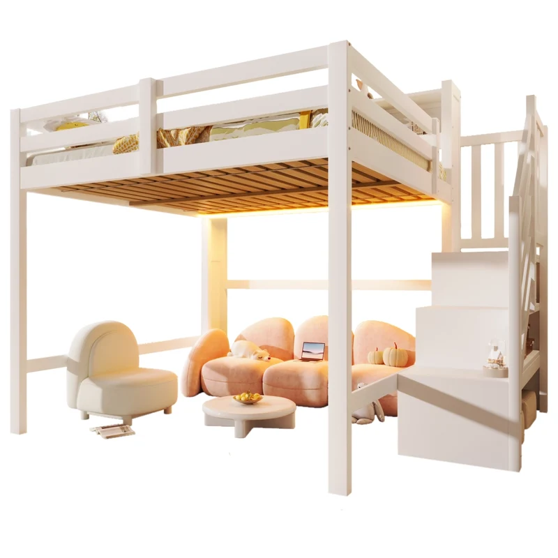 Letto a soppalco 140x200 cm con luci LED; scala contenitore e barriera; struttura in pino; MDF e compensato; bianco