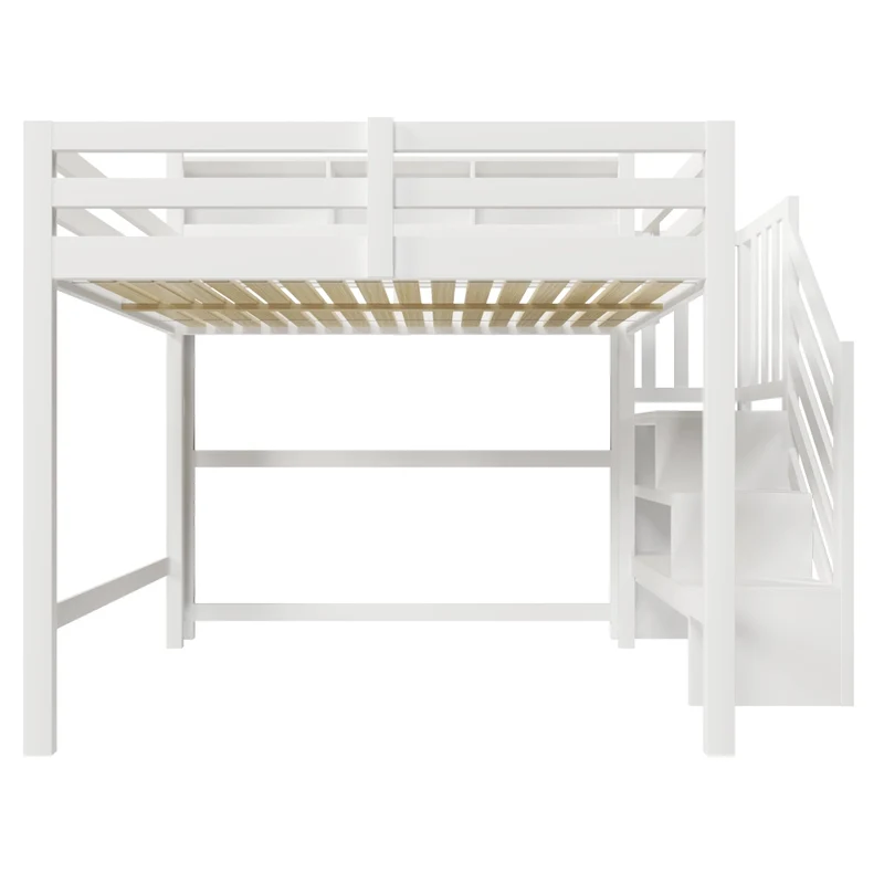 Letto a soppalco 140x200 cm con luci LED; scala contenitore e barriera; struttura in pino; MDF e compensato; bianco