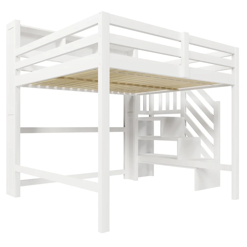 Letto a soppalco 140x200 cm con luci LED; scala contenitore e barriera; struttura in pino; MDF e compensato; bianco