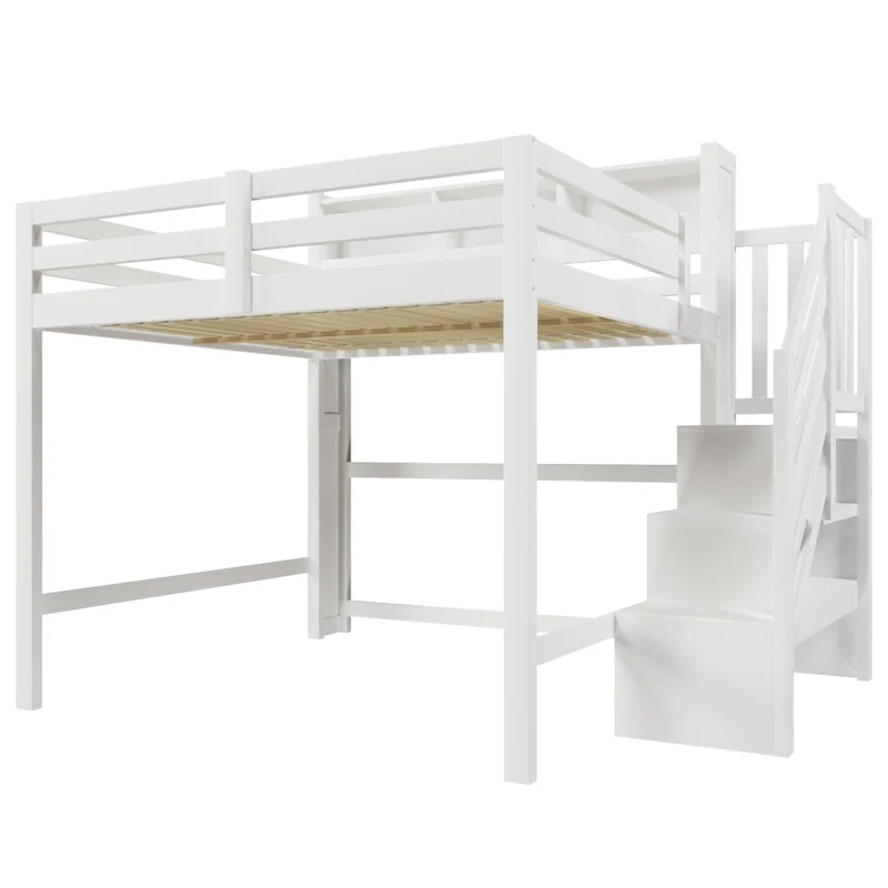 Letto a soppalco 140x200 cm con luci LED; scala contenitore e barriera; struttura in pino; MDF e compensato; bianco