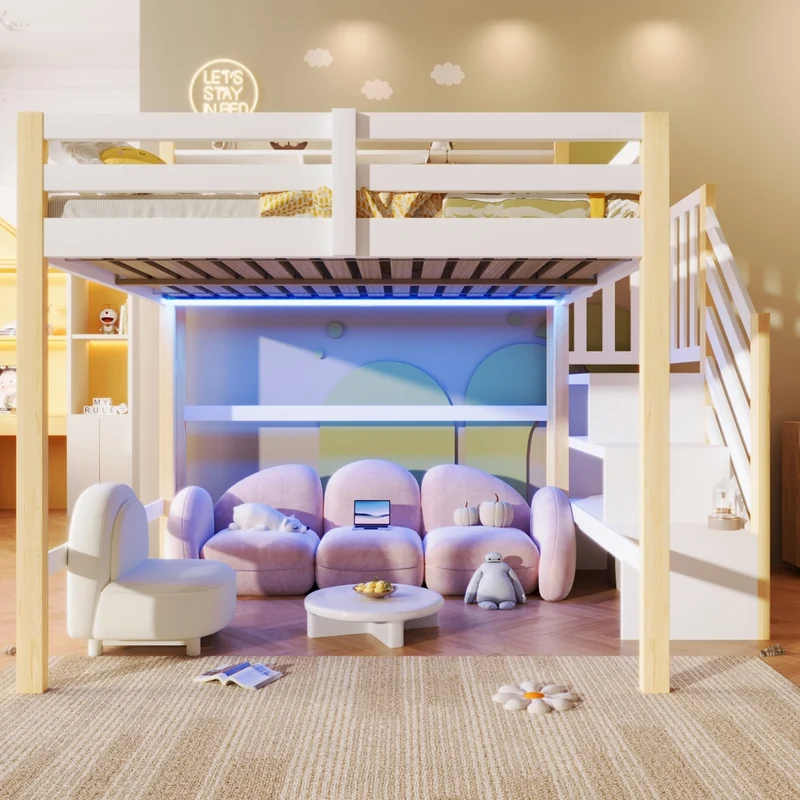 Letto a soppalco 140x200 cm con luci LED; scala contenitore e spazio sotto; legno bianco e naturale per cameretta