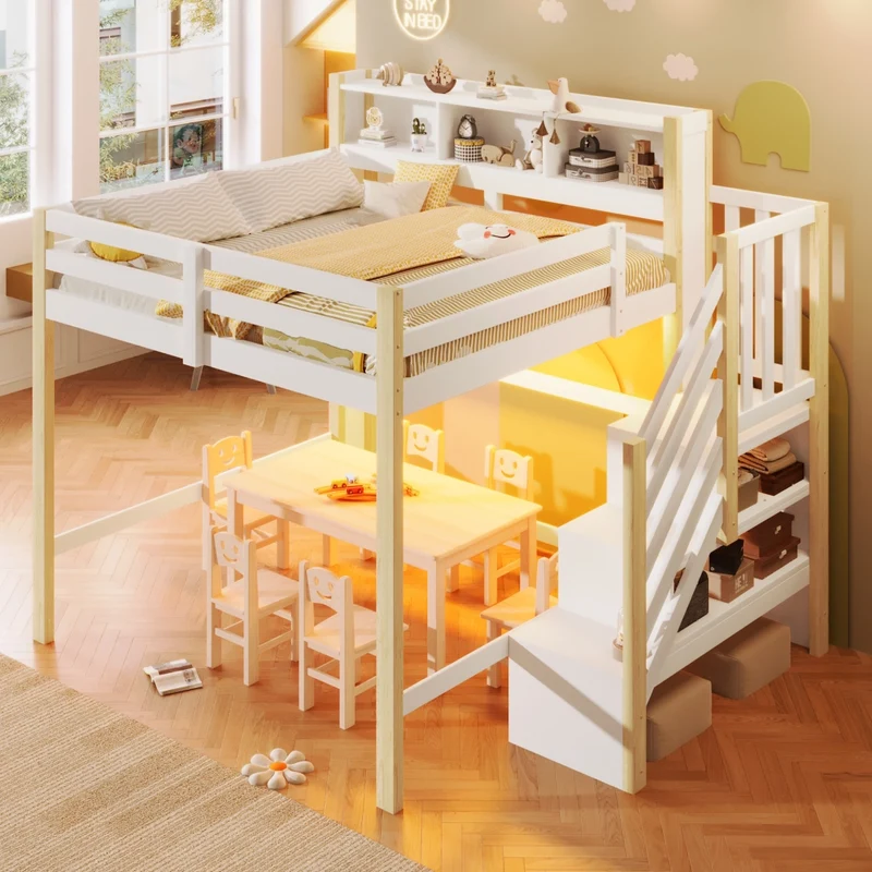 Letto a soppalco 140x200 cm con luci LED; scala contenitore e spazio sotto; legno bianco e naturale per cameretta
