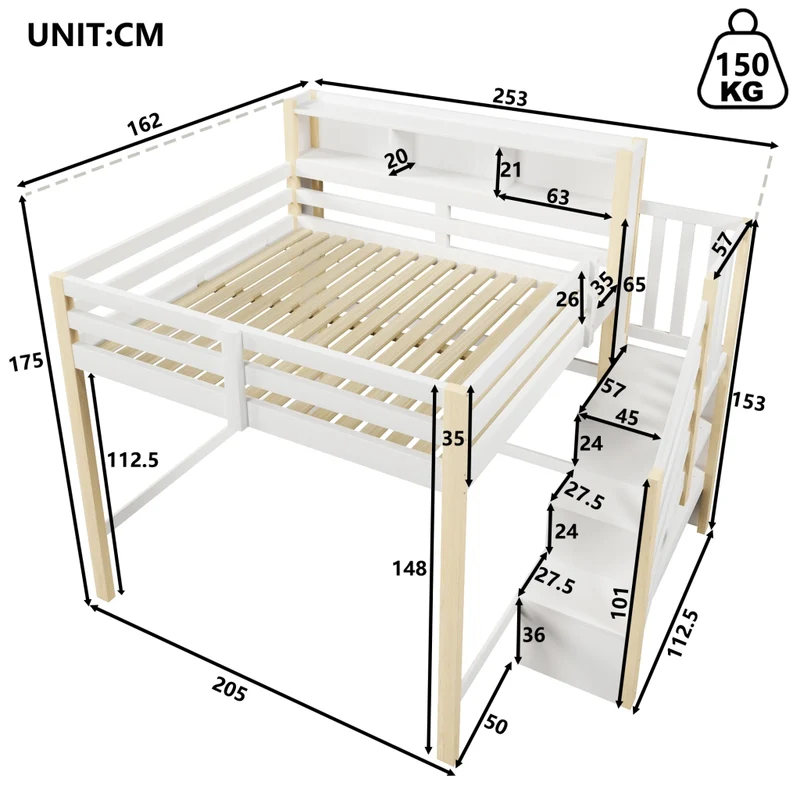 Letto a soppalco 140x200 cm con luci LED; scala contenitore e spazio sotto; legno bianco e naturale per cameretta