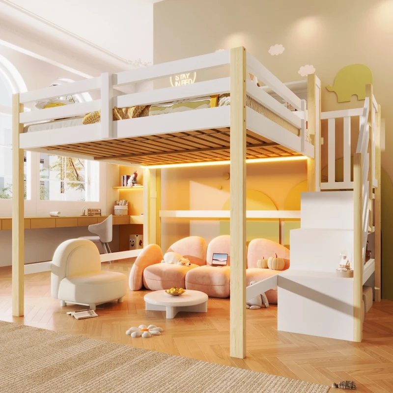 Letto a soppalco 140x200 cm con luci LED; scala contenitore e spazio sotto; legno bianco e naturale per cameretta