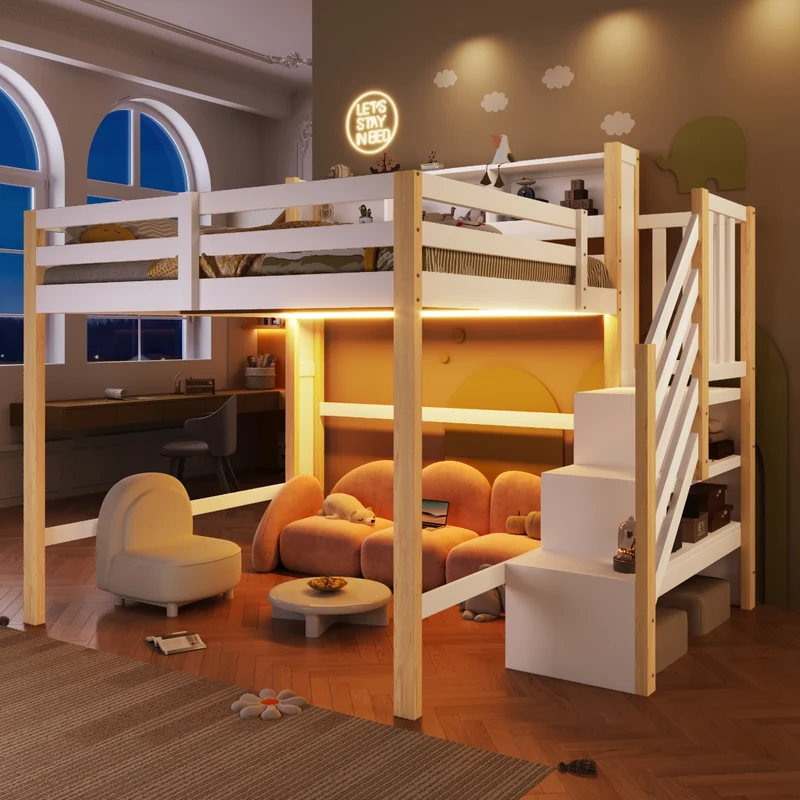 Letto a soppalco 140x200 cm con luci LED; scala contenitore e spazio sotto; legno bianco e naturale per cameretta