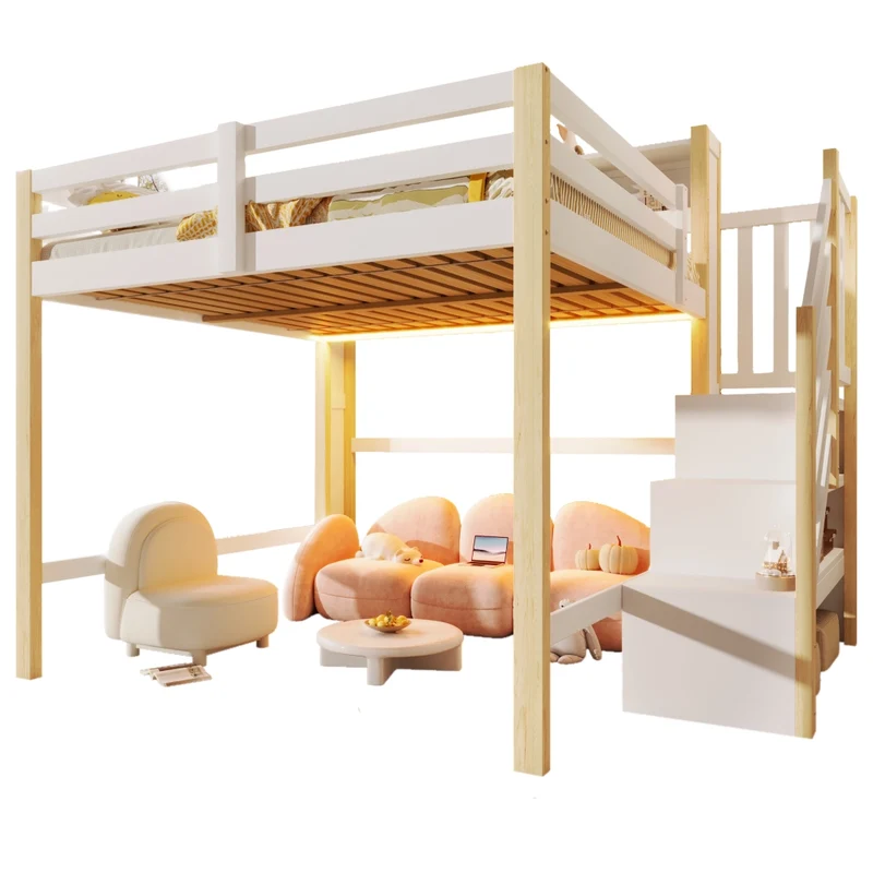 Letto a soppalco 140x200 cm con luci LED; scala contenitore e spazio sotto; legno bianco e naturale per cameretta