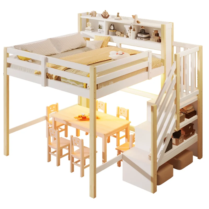 Letto a soppalco 140x200 cm con luci LED; scala contenitore e spazio sotto; legno bianco e naturale per cameretta