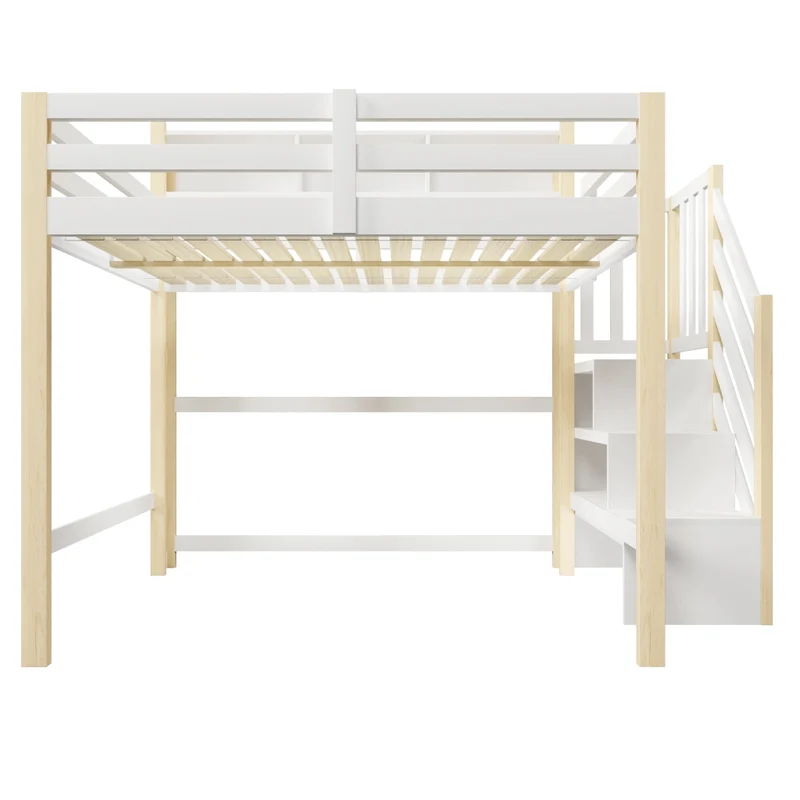 Letto a soppalco 140x200 cm con luci LED; scala contenitore e spazio sotto; legno bianco e naturale per cameretta